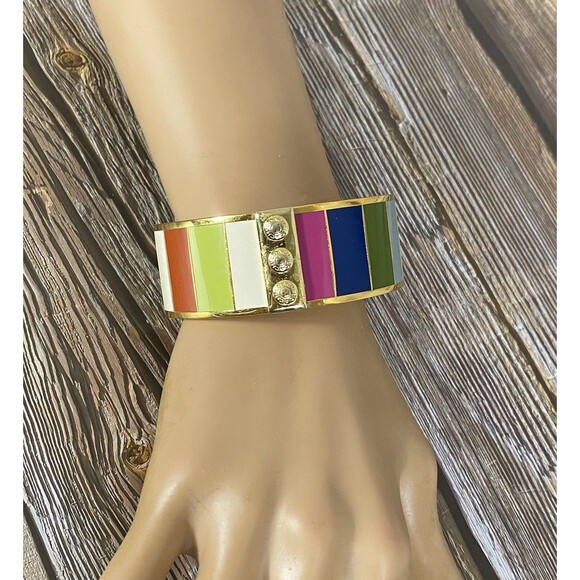 PERFECT COACH SIGNATURE LEGACY BANGLE BRACELET, GOLD PLATED MULTICOLOR STRIPES - Picture 1 of 8
